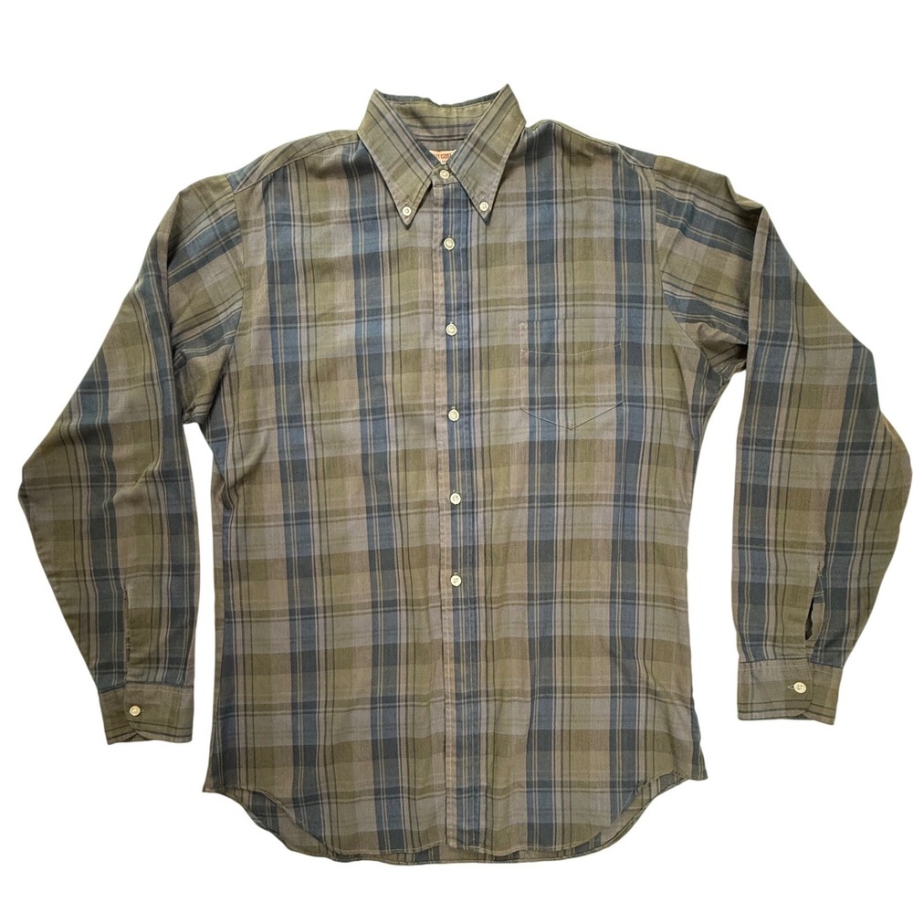 Vintage McGregor Million Mile Scotset Plaid ButtonDownShirt Olive Blue 16 L 16.5
